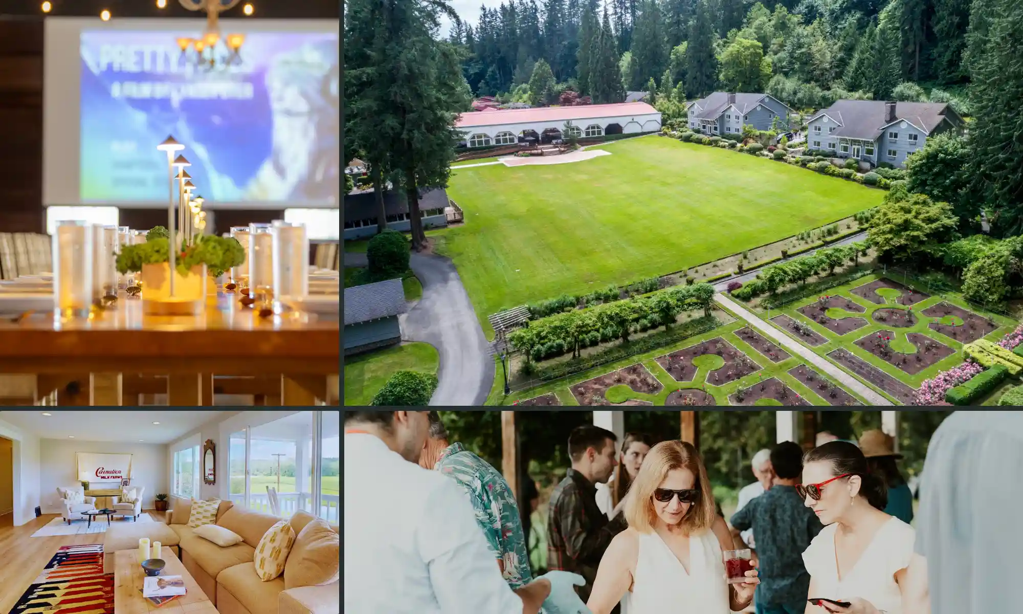 Aerial and interior views of Carnation Farms showing gardens, event lawns, gathering spaces, and guests at a private event.