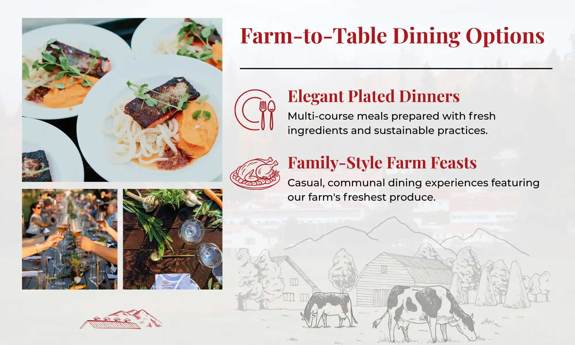 Farm-to-table dining infographic showing plated dinners and communal farm feasts