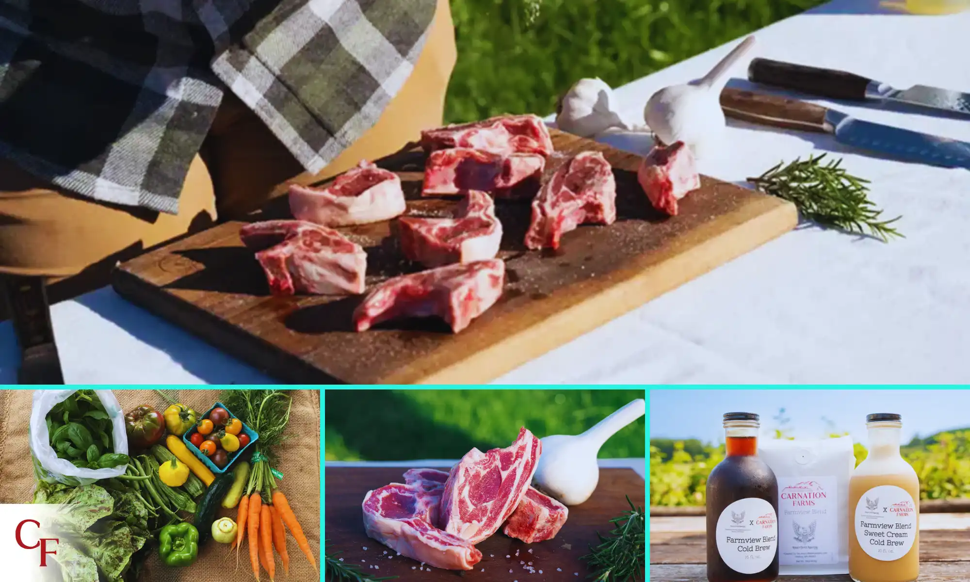 Fresh vegetables, lamb cuts, and sauces used in Carnation Farms farm-to-table dining