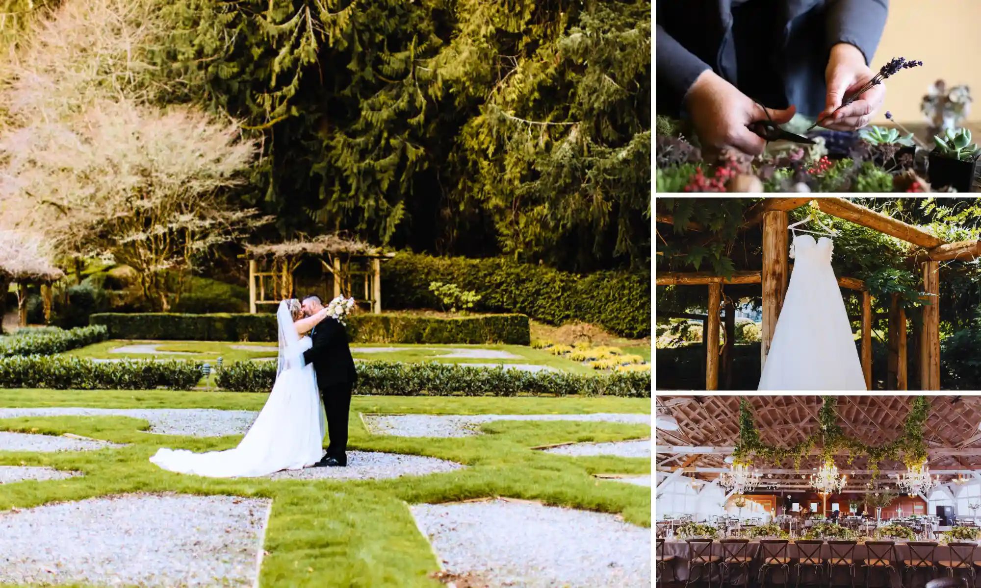 Couple celebrating their wedding at Carnation Farms surrounded by gardens, ceremony arch, and barn reception.