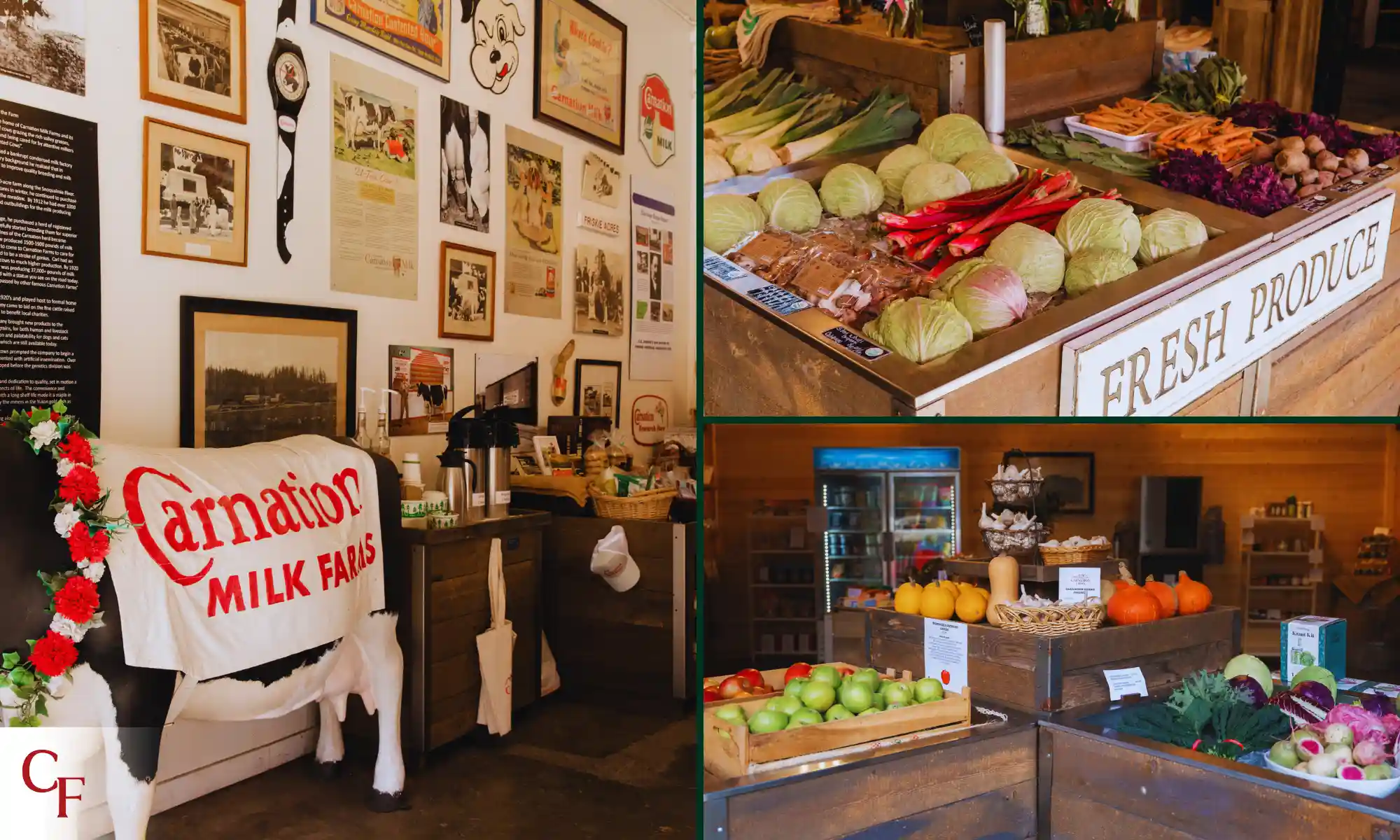 Interior of the Carnation Farmstand showing fresh produce, local goods, and historic displays.