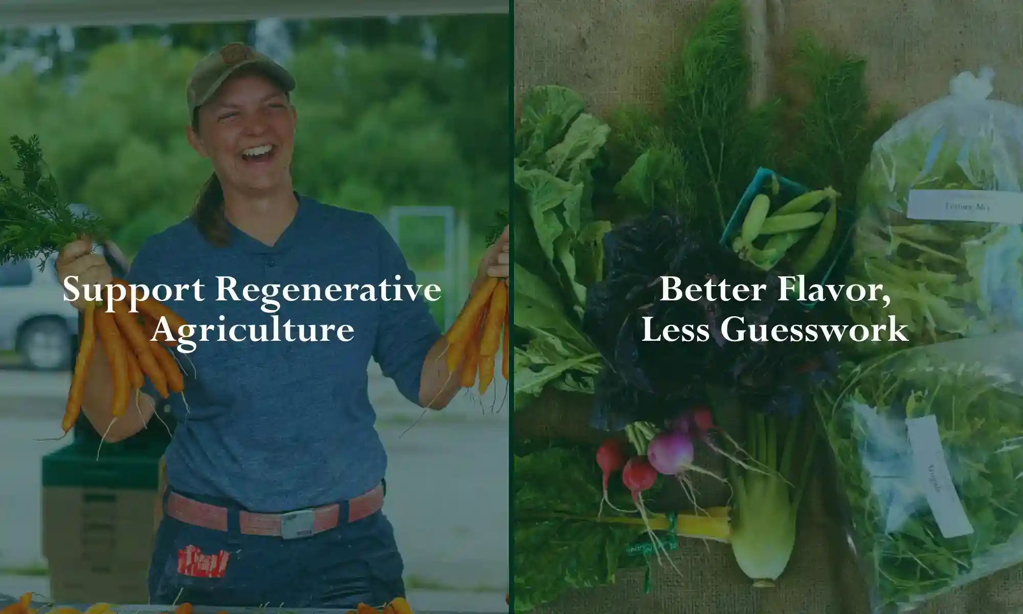 Farmer holding fresh carrots and bags of locally grown produce at the Carnation Farmstand.