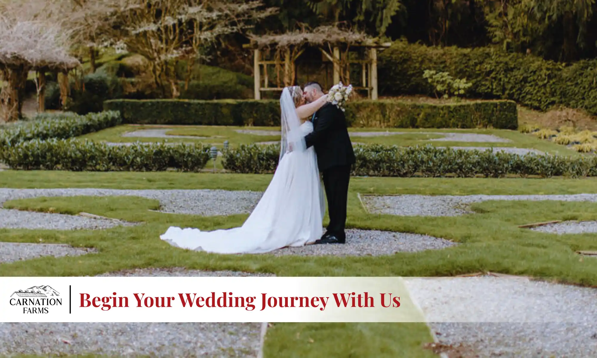 Bride and groom kissing in a scenic garden at Carnation Farms wedding venue