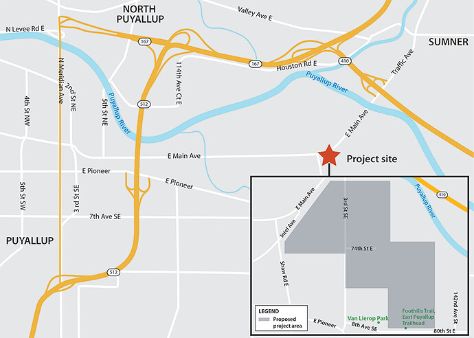 Map of the Knutson Farm EIS project site and surrounding area. The project site is located in unincorporated Pierce County, bordered by Puyallup to the west and Sumner to the north. The project site is indicated on the map by a red star positioned just east of the intersection of East Main Avenue, Intel Avenue, and Shaw Road East. The Puyallup River is shown on the map, meandering generally from west to east. A more detailed map of the project area is included in the lower righthand corner. The detailed map indicates the proposed project area in contrasted shading, bordered by East Main Avenue, Intel Avenue, Shaw Road East, East Pioneer, and 8th Avenue Southeast. The proposed project area is adjacent to the Puyallup River, which runs to the east of the proposed project area. Van Lierop Park and the Foothills Trail East Puyallup Trailhead are indicated at the south end of the proposed project boundary.